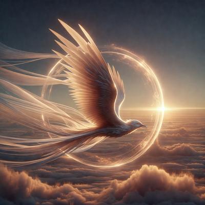 The primary subject of the image is a white bird, possibly a dove, flying through a cloudy sky. The bird is positioned in the center of the scene, with its wings spread wide. The setting is a cloudy sky, which adds a sense of depth and atmosphere to the image. The visual style appears to be a combination of photo and digital art, creating a realistic yet artistic representation of the bird in flight. The colors in the image are predominantly white and gray, with the clouds adding a touch of warmth